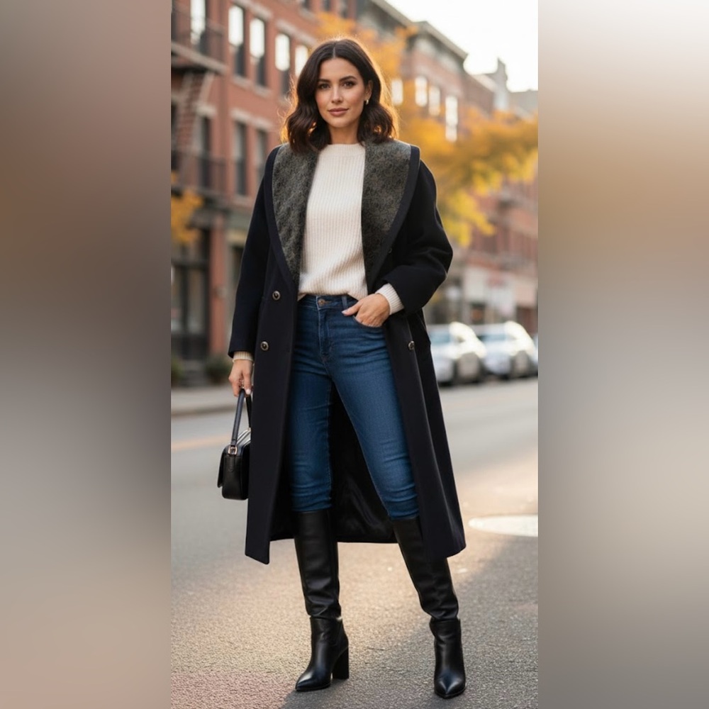 DONNYBROOK Stylish Black Long Coat with Fur Collar